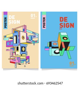 Flat color covers set. Abstract colorful geometric 3d with typography design template. Trendy poster design and colorful theme. 