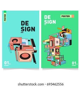 Flat color covers set. Abstract colorful geometric 3d with typography design template. Trendy poster design and colorful theme. 