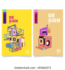 Flat color covers set. Abstract colorful geometric 3d with typography design template. Trendy poster design and colorful theme. 