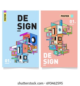 Flat color covers set. Abstract colorful geometric 3d with typography design template. Trendy poster design and colorful theme. 