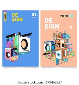 Flat color covers set. Abstract colorful geometric 3d with typography design template. Trendy poster design and colorful theme. 