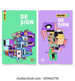 Flat color covers set. Abstract colorful geometric 3d with typography design template. Trendy poster design and colorful theme. 