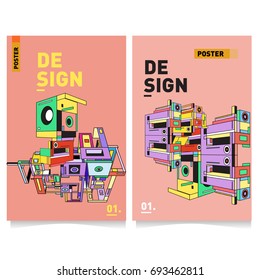 Flat color covers set. Abstract colorful geometric 3d with typography design template. Trendy poster design and colorful theme. 