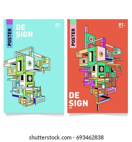 Flat color covers set. Abstract colorful geometric 3d with typography design template. Trendy poster design and colorful theme. 