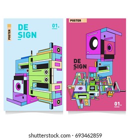 Flat color covers set. Abstract colorful geometric 3d with typography design template. Trendy poster design and colorful theme. 