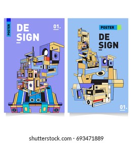 Flat color covers set. Abstract colorful geometric 3d with typography design template. Trendy poster design and colorful theme. 