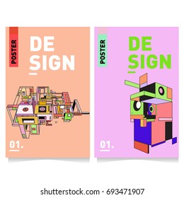 Flat color covers set. Abstract colorful geometric 3d with typography design template. Trendy poster design and colorful theme. 
