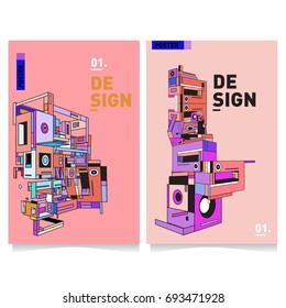 Flat color covers set. Abstract colorful geometric 3d with typography design template. Trendy poster design and colorful theme. 