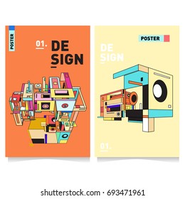Flat color covers set. Abstract colorful geometric 3d with typography design template. Trendy poster design and colorful theme. 