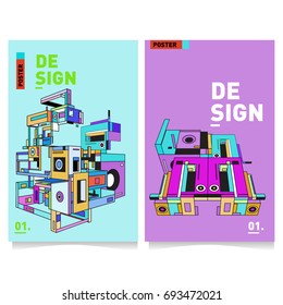 Flat color covers set. Abstract colorful geometric 3d with typography design template. Trendy poster design and colorful theme. 