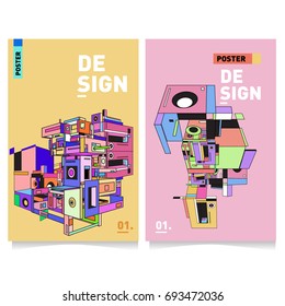 Flat color covers set. Abstract colorful geometric 3d with typography design template. Trendy poster design and colorful theme. 