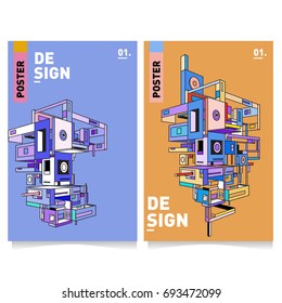 Flat color covers set. Abstract colorful geometric 3d with typography design template. Trendy poster design and colorful theme. 