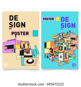 Flat color covers set. Abstract colorful geometric 3d with typography design template. Trendy poster design and colorful theme. 