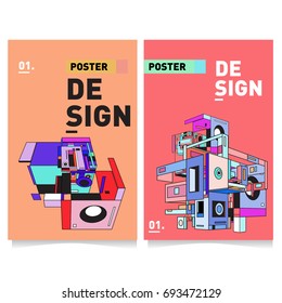 Flat color covers set. Abstract colorful geometric 3d with typography design template. Trendy poster design and colorful theme. 