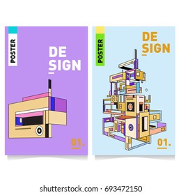 Flat color covers set. Abstract colorful geometric 3d with typography design template. Trendy poster design and colorful theme. 