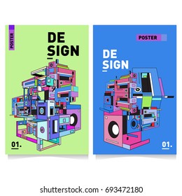 Flat color covers set. Abstract colorful geometric 3d with typography design template. Trendy poster design and colorful theme. 