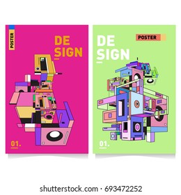 Flat color covers set. Abstract colorful geometric 3d with typography design template. Trendy poster design and colorful theme. 