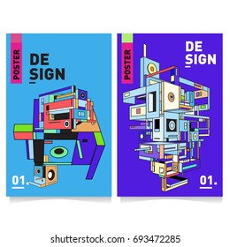 Flat color covers set. Abstract colorful geometric 3d with typography design template. Trendy poster design and colorful theme. 
