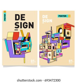 Flat color covers set. Abstract colorful geometric 3d with typography design template. Trendy poster design and colorful theme. 