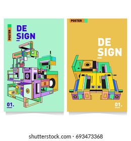 Flat color covers set. Abstract colorful geometric 3d with typography design template. Trendy poster design and colorful theme. 