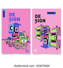 Flat color covers set. Abstract colorful geometric 3d with typography design template. Trendy poster design and colorful theme. 