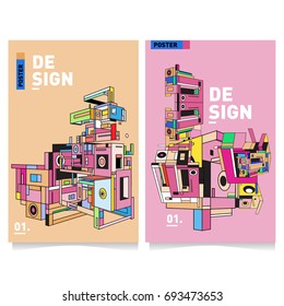 Flat color covers set. Abstract colorful geometric 3d with typography design template. Trendy poster design and colorful theme. 