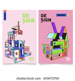 Flat color covers set. Abstract colorful geometric 3d with typography design template. Trendy poster design and colorful theme. 