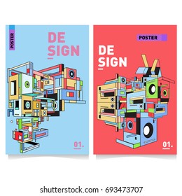 Flat color covers set. Abstract colorful geometric 3d with typography design template. Trendy poster design and colorful theme. 