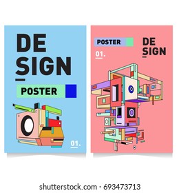 Flat color covers set. Abstract colorful geometric 3d with typography design template. Trendy poster design and colorful theme. 