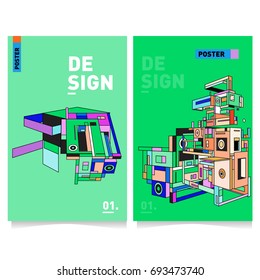 Flat color covers set. Abstract colorful geometric 3d with typography design template. Trendy poster design and colorful theme. 