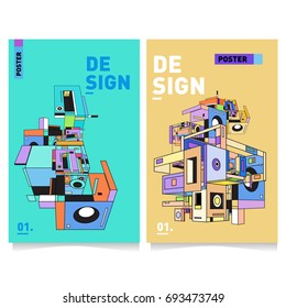 Flat color covers set. Abstract colorful geometric 3d with typography design template. Trendy poster design and colorful theme. 