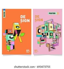 Flat color covers set. Abstract colorful geometric 3d with typography design template. Trendy poster design and colorful theme. 