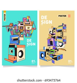 Flat color covers set. Abstract colorful geometric 3d with typography design template. Trendy poster design and colorful theme. 