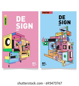 Flat color covers set. Abstract colorful geometric 3d with typography design template. Trendy poster design and colorful theme. 