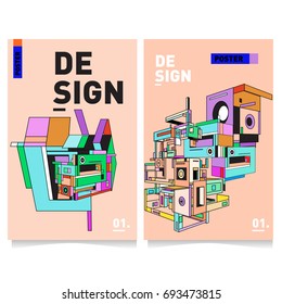 Flat color covers set. Abstract colorful geometric 3d with typography design template. Trendy poster design and colorful theme. 