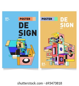 Flat color covers set. Abstract colorful geometric 3d with typography design template. Trendy poster design and colorful theme. 