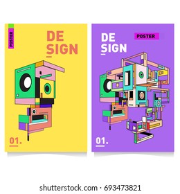 Flat color covers set. Abstract colorful geometric 3d with typography design template. Trendy poster design and colorful theme. 