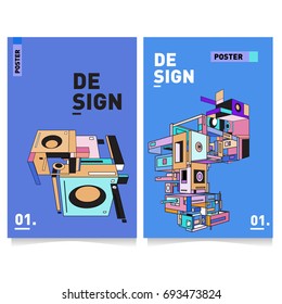 Flat color covers set. Abstract colorful geometric 3d with typography design template. Trendy poster design and colorful theme. 