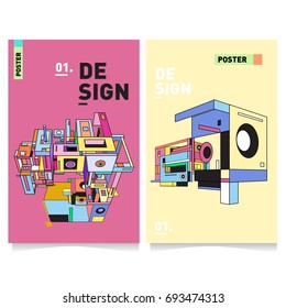 Flat color covers set. Abstract colorful geometric 3d with typography design template. Trendy poster design and colorful theme. 