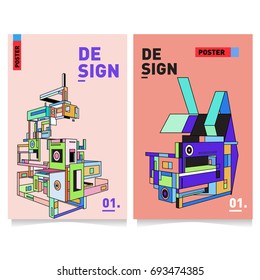 Flat color covers set. Abstract colorful geometric 3d with typography design template. Trendy poster design and colorful theme. 