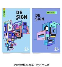 Flat color covers set. Abstract colorful geometric 3d with typography design template. Trendy poster design and colorful theme. 