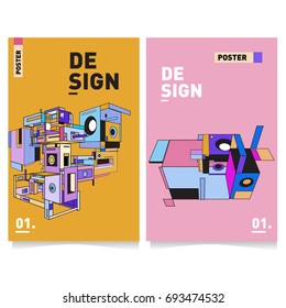 Flat color covers set. Abstract colorful geometric 3d with typography design template. Trendy poster design and colorful theme. 