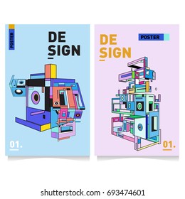 Flat color covers set. Abstract colorful geometric 3d with typography design template. Trendy poster design and colorful theme. 
