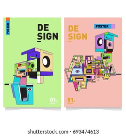 Flat color covers set. Abstract colorful geometric 3d with typography design template. Trendy poster design and colorful theme. 
