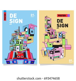 Flat color covers set. Abstract colorful geometric 3d with typography design template. Trendy poster design and colorful theme. 
