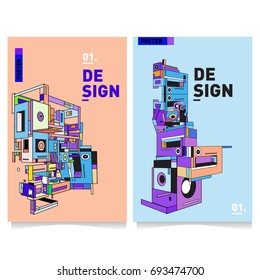 Flat color covers set. Abstract colorful geometric 3d with typography design template. Trendy poster design and colorful theme. 