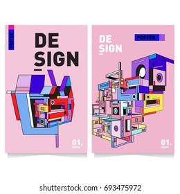 Flat color covers set. Abstract colorful geometric 3d with typography design template. Trendy poster design and colorful theme. 