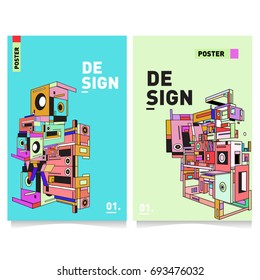 Flat color covers set. Abstract colorful geometric 3d with typography design template. Trendy poster design and colorful theme. 