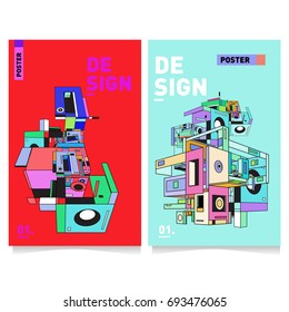 Flat color covers set. Abstract colorful geometric 3d with typography design template. Trendy poster design and colorful theme. 