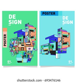 Flat color covers set. Abstract colorful geometric 3d with typography design template. Trendy poster design and colorful theme. 
